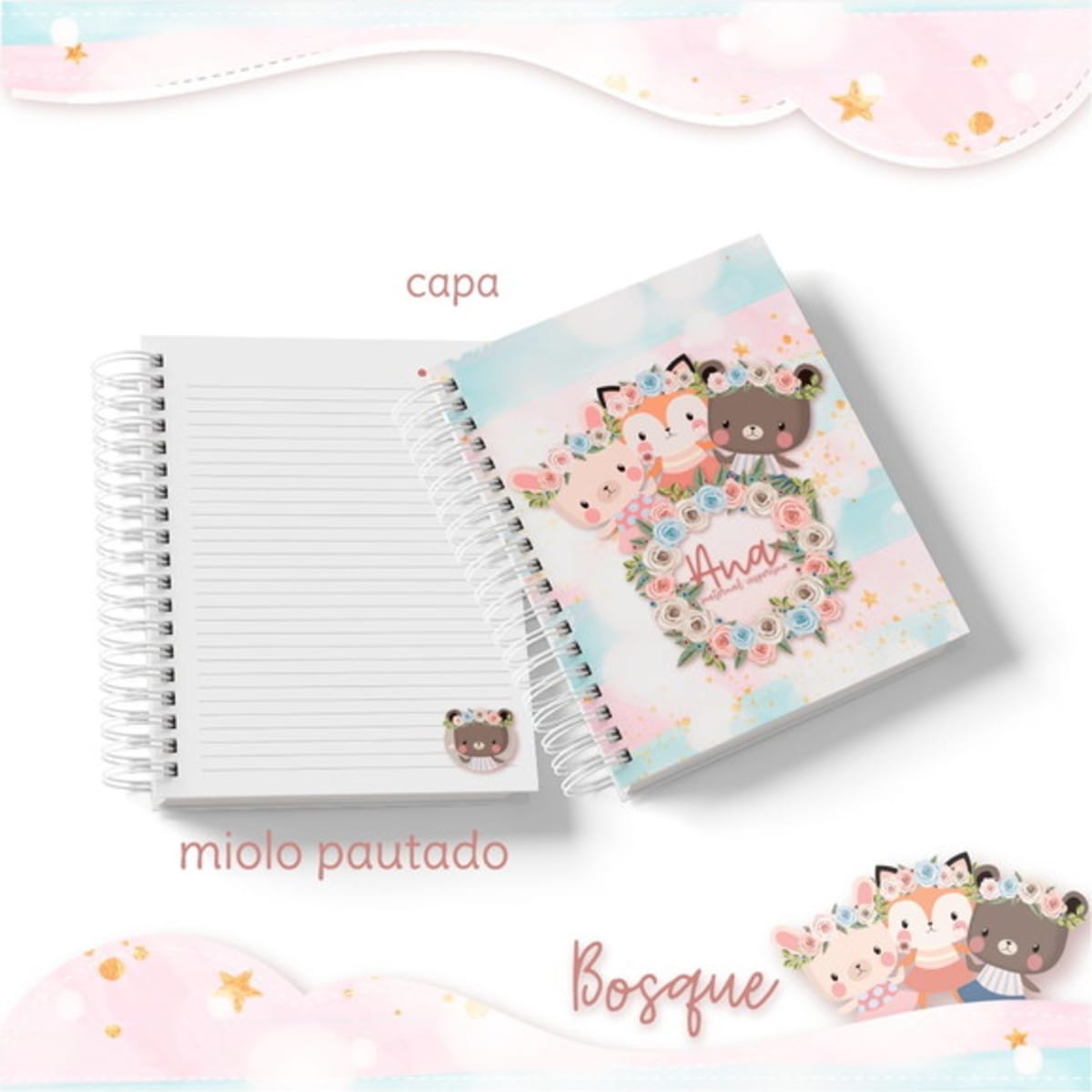 Kit Encadernação e Sublimação Bosque Menina Digital 1 Caderno espiral aberto com capa de animais fofos e miolo pautado.