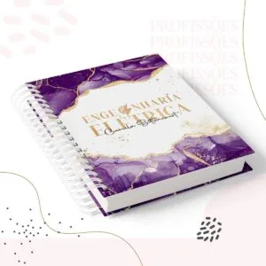 Caderno espiral com capa roxa em efeito aquarela e detalhes dourados.