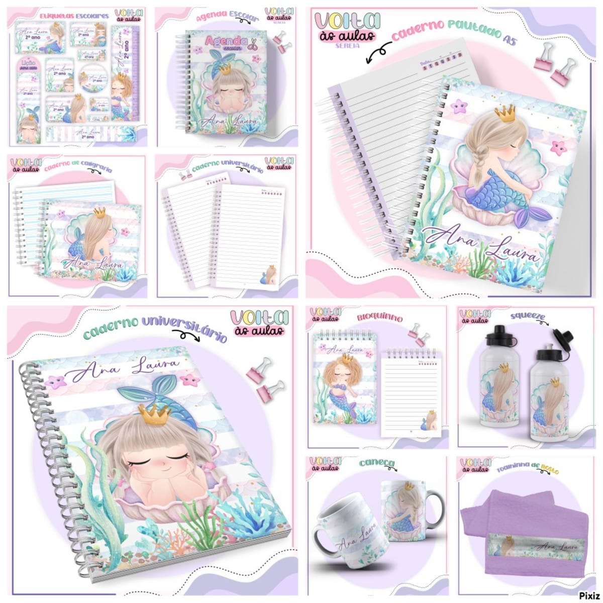 Kit Encadernação Escolar Sereia Digital Ana Laura 2 Coleção de itens escolares com temática de sereia e cores pastéis.