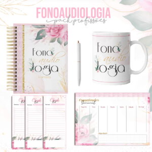 Kit Encadernação Fonoaudiologia Floral Arquivo Digital 3 Kit de papelaria personalizado com temática rosa, contendo caderno, caneca, blocos e organizador.