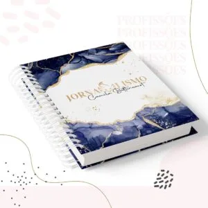 Caderno de capa dura com espiral e estampa marmorizada azul e dourada.