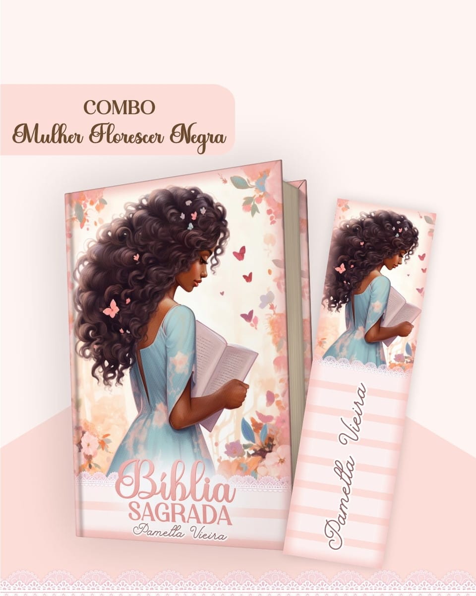 Kit Encadernação Mulher Negra Florescer para Bíblia 4 Capa de livro rosa e marcador de página com mulher negra lendo