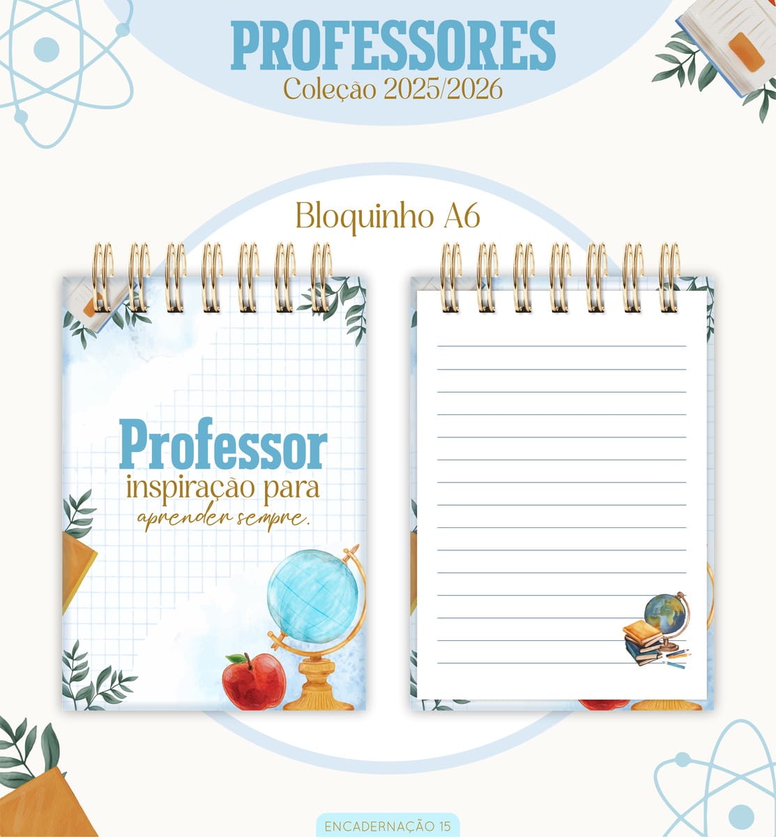 Kit Encadernação Professor 2026 Masculino Digital 2 Dois bloquinhos espiralados abertos e fechados exibem capa temática escolar e folhas pautadas.