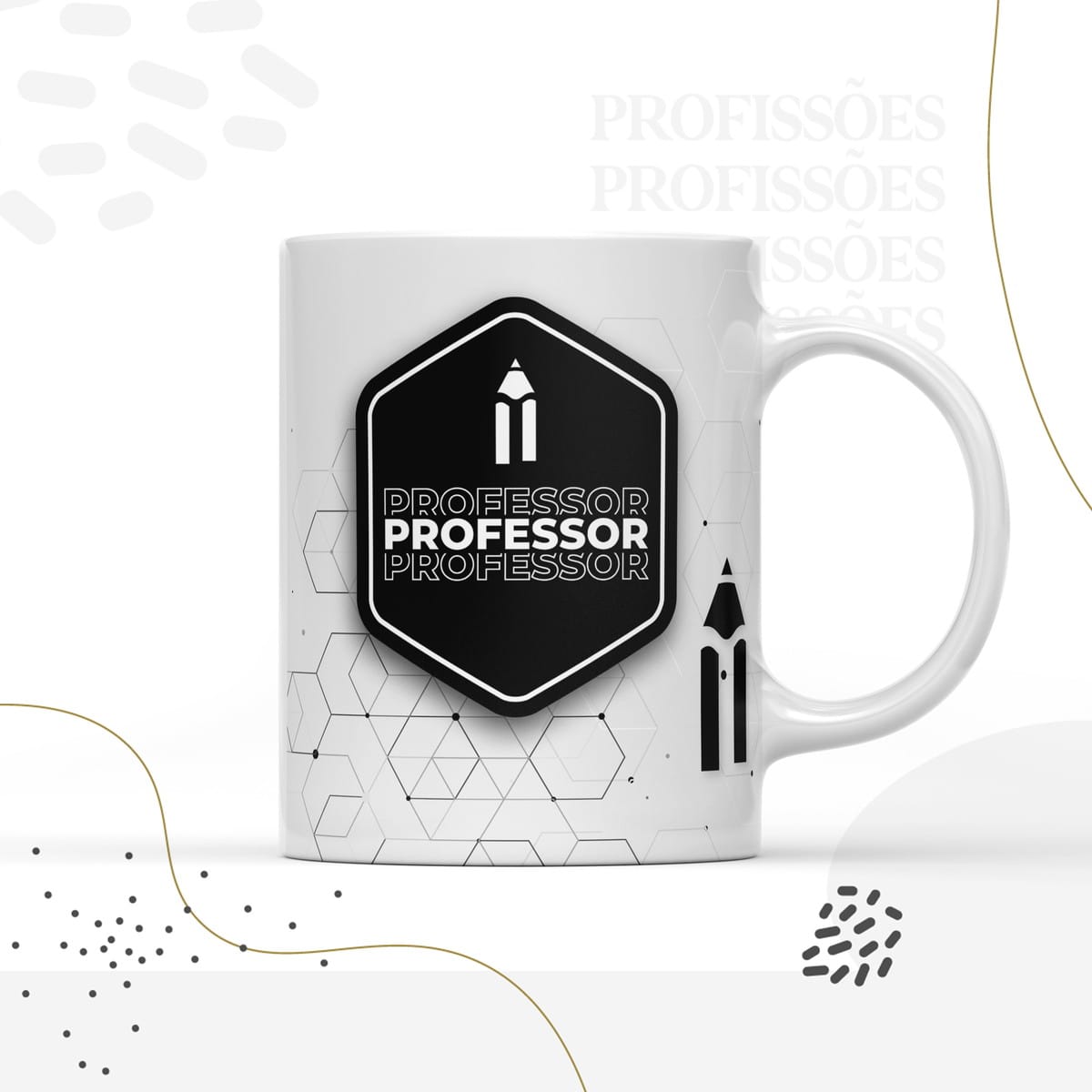 Kit Encadernação Professor Masculino Digital para Presente 3 Caneca branca com estampa hexagonal preta contendo ícone de lápis e palavra escrita.