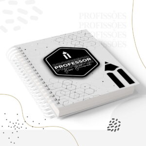 Caderno espiral com capa decorada com hexágonos e símbolo de lápis sobre fundo claro.