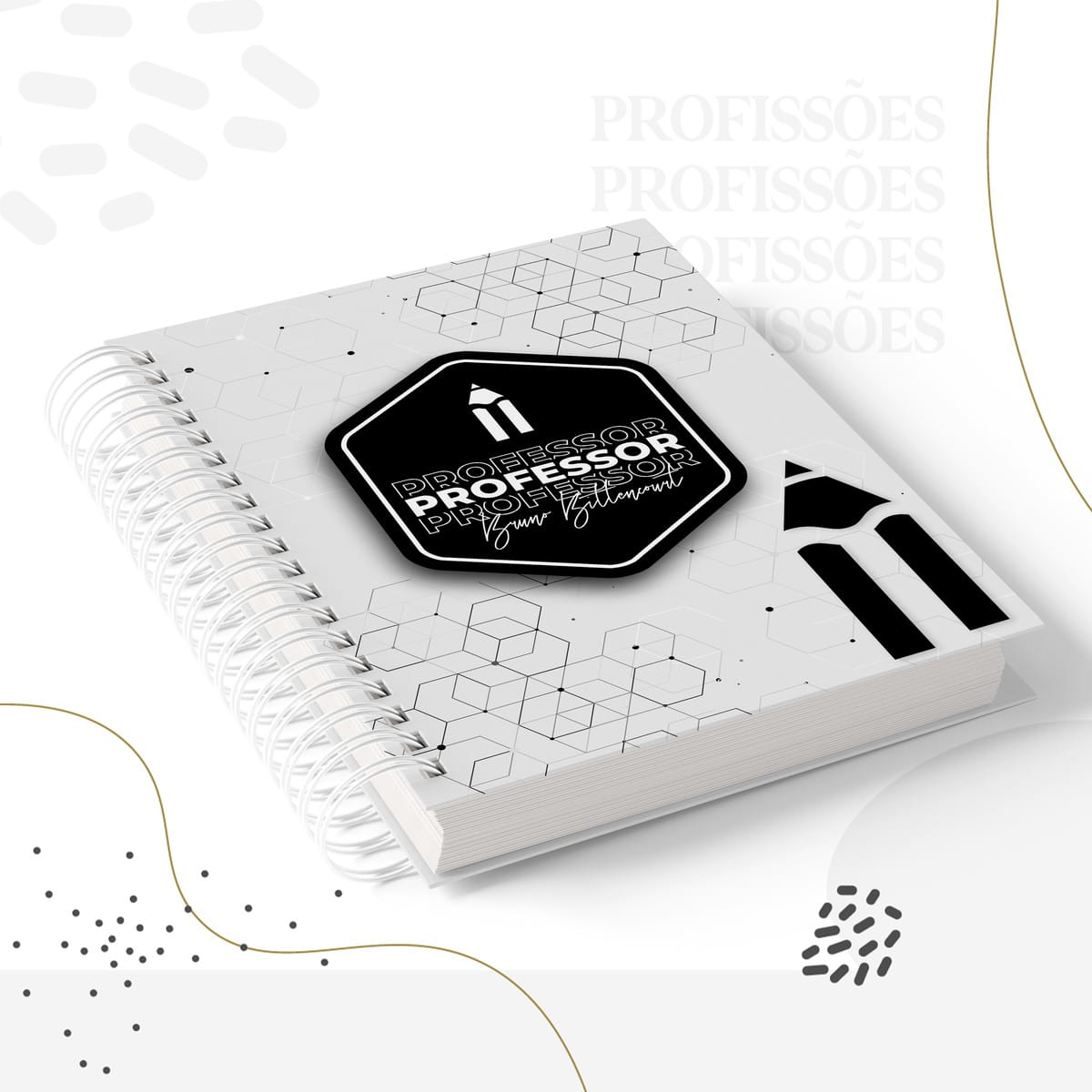 Kit Encadernação Professor Masculino Digital para Presente 1 Caderno espiral com capa decorada com hexágonos e símbolo de lápis sobre fundo claro.