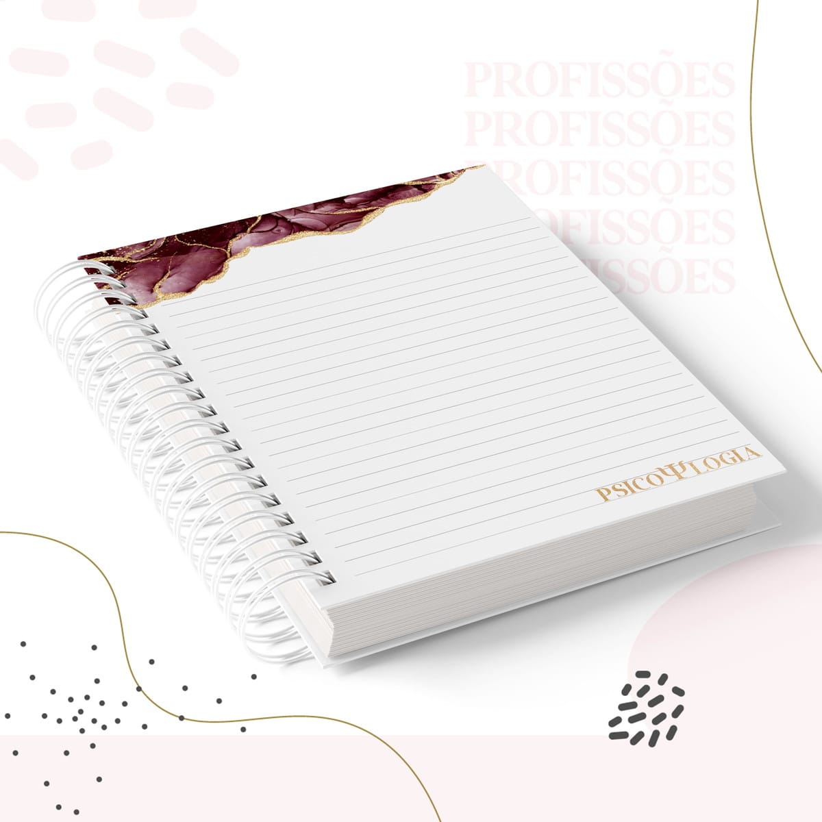 Kit Encadernação Psicologia Feminino em Arquivo Digital 3 Caderno espiral aberto com folhas pautadas sobre fundo decorado.