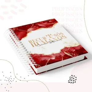 Caderno espiral com capa de arte abstrata em tons de vermelho e dourado brilhante.