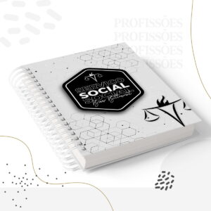 Caderno espiral com capa geométrica branca e preta e emblema centralizado.