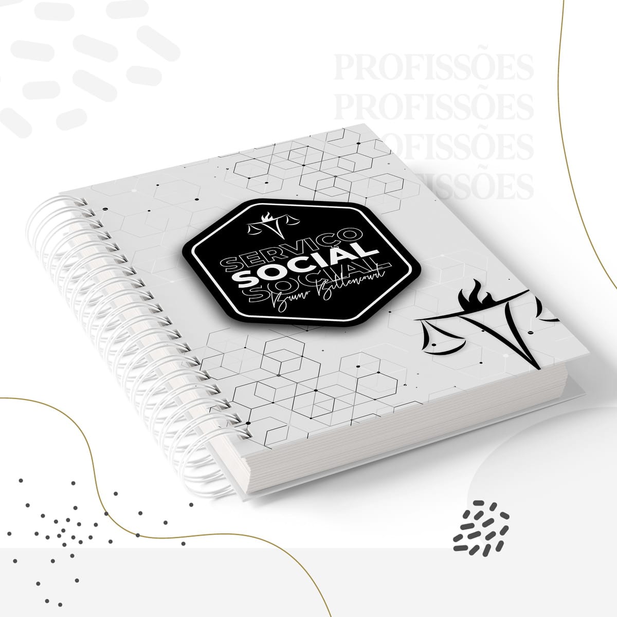 Kit Encadernação Serviço Social Arquivo Digital Completo 1 Caderno espiral com capa geométrica branca e preta e emblema centralizado.