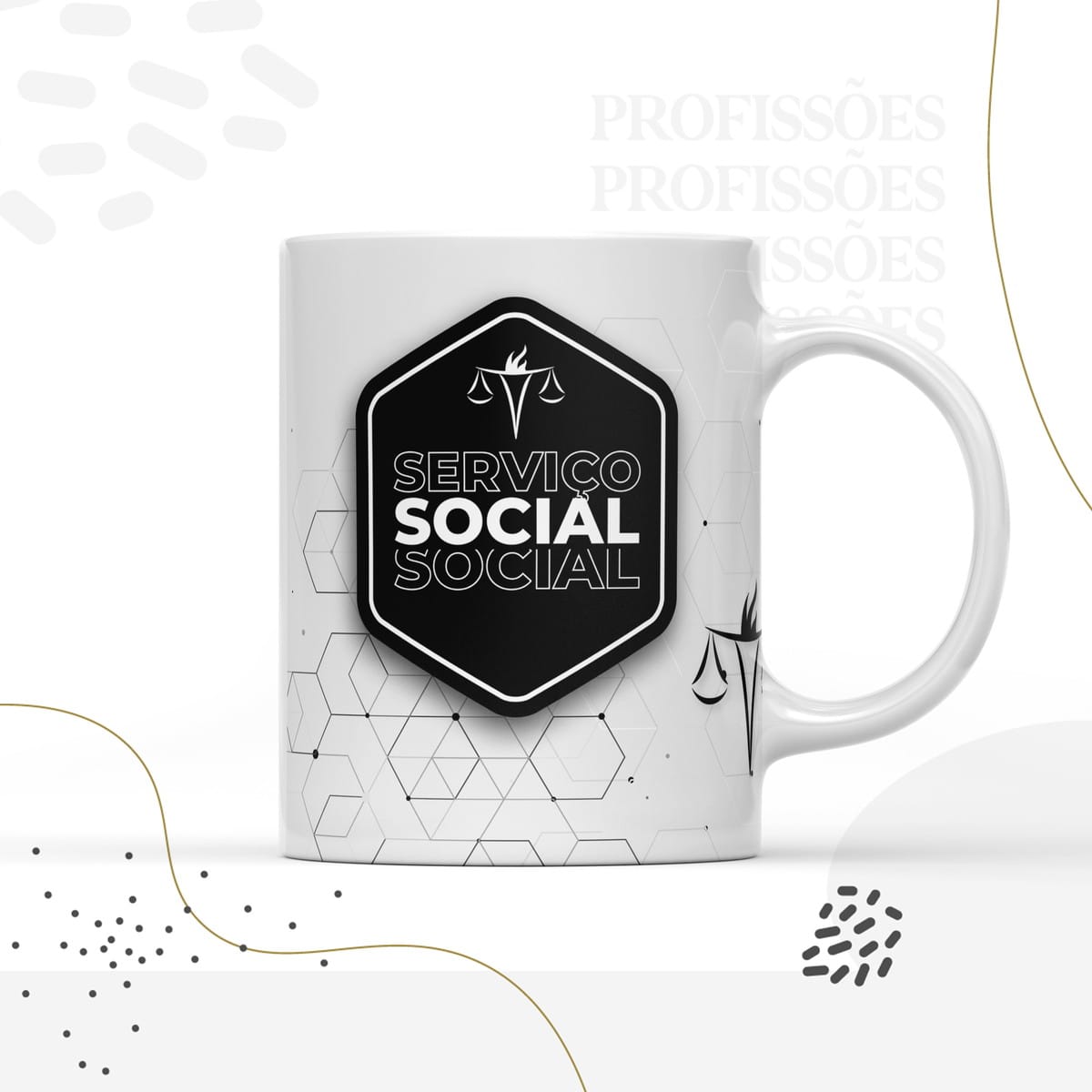 Kit Encadernação Serviço Social Arquivo Digital Completo 2 Caneca branca estampada com brasão preto contendo texto e balança.