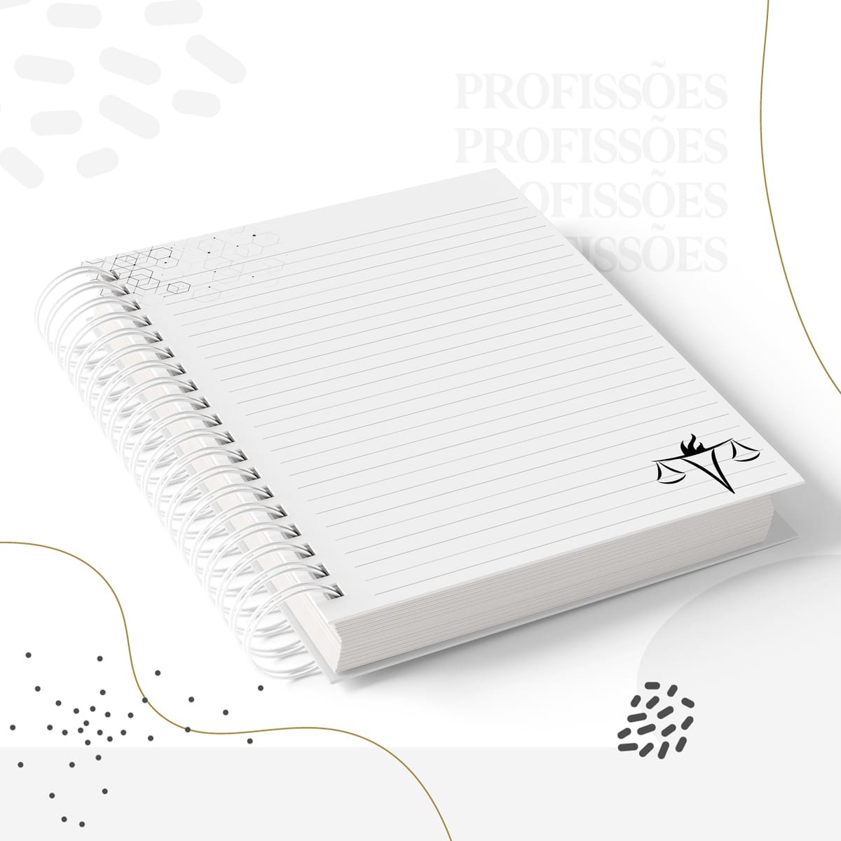 Kit Encadernação Serviço Social Arquivo Digital Completo 3 Caderno de espiral branco com folhas pautadas sobre fundo branco com detalhes decorativos.