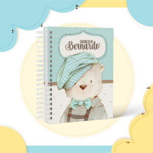 Kit Encadernação Ursinho Vintage para Álbuns 6 Arte digital de caderneta espiral com ilustração de urso fofo usando boina e gravata.