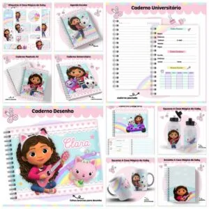 Conjunto de itens de papelaria personalizada com ilustrações de menina e gatinho colorido.