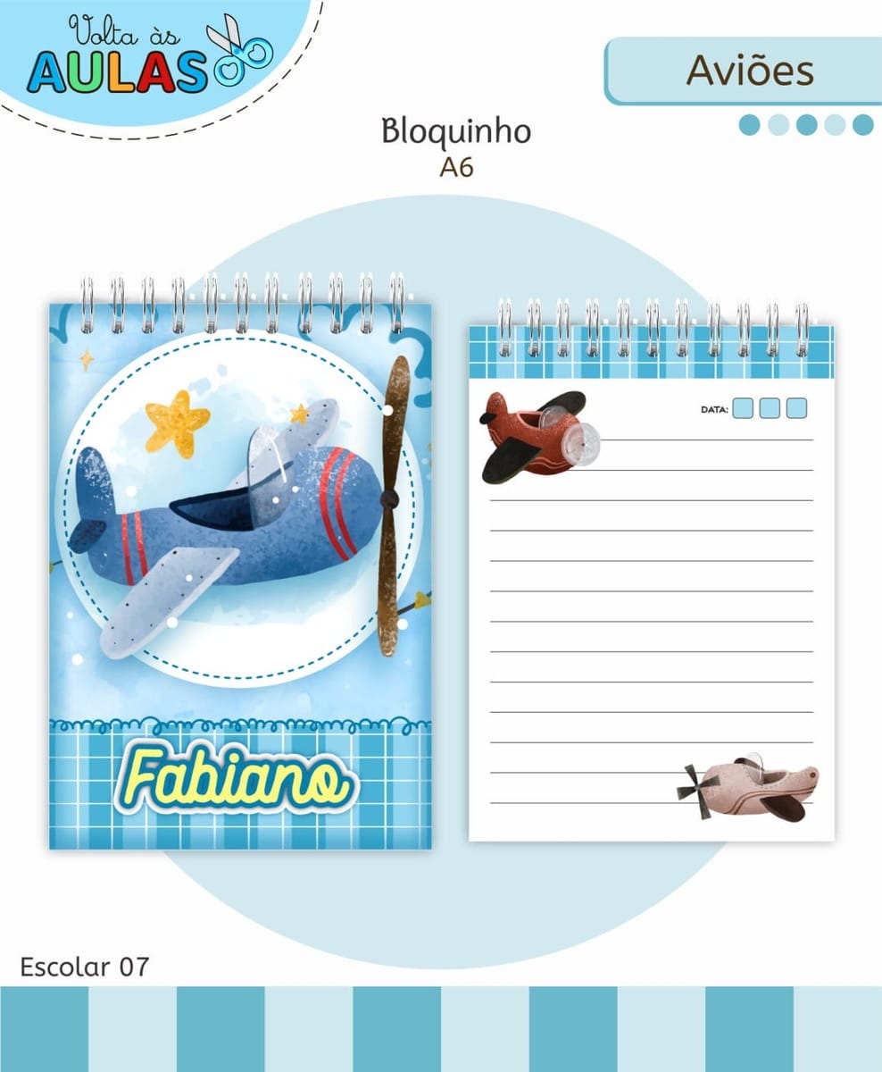 Kit Escolar Aviões para Sublimação e Encadernação 4 Dois bloquinhos de anotações tamanho A6 com temática de aviões e nome personalizado.