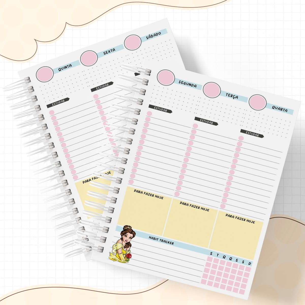 Kit Escolar Digital Bela e a Fera Arquivo Editável 3 Duas páginas de planner digital com layout semanal, seções de estudo e rastreador de hábitos.