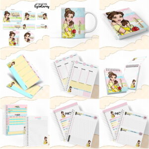 Arte digital com personagem feminina e rosa em etiquetas, caneca, cadernos e planners.