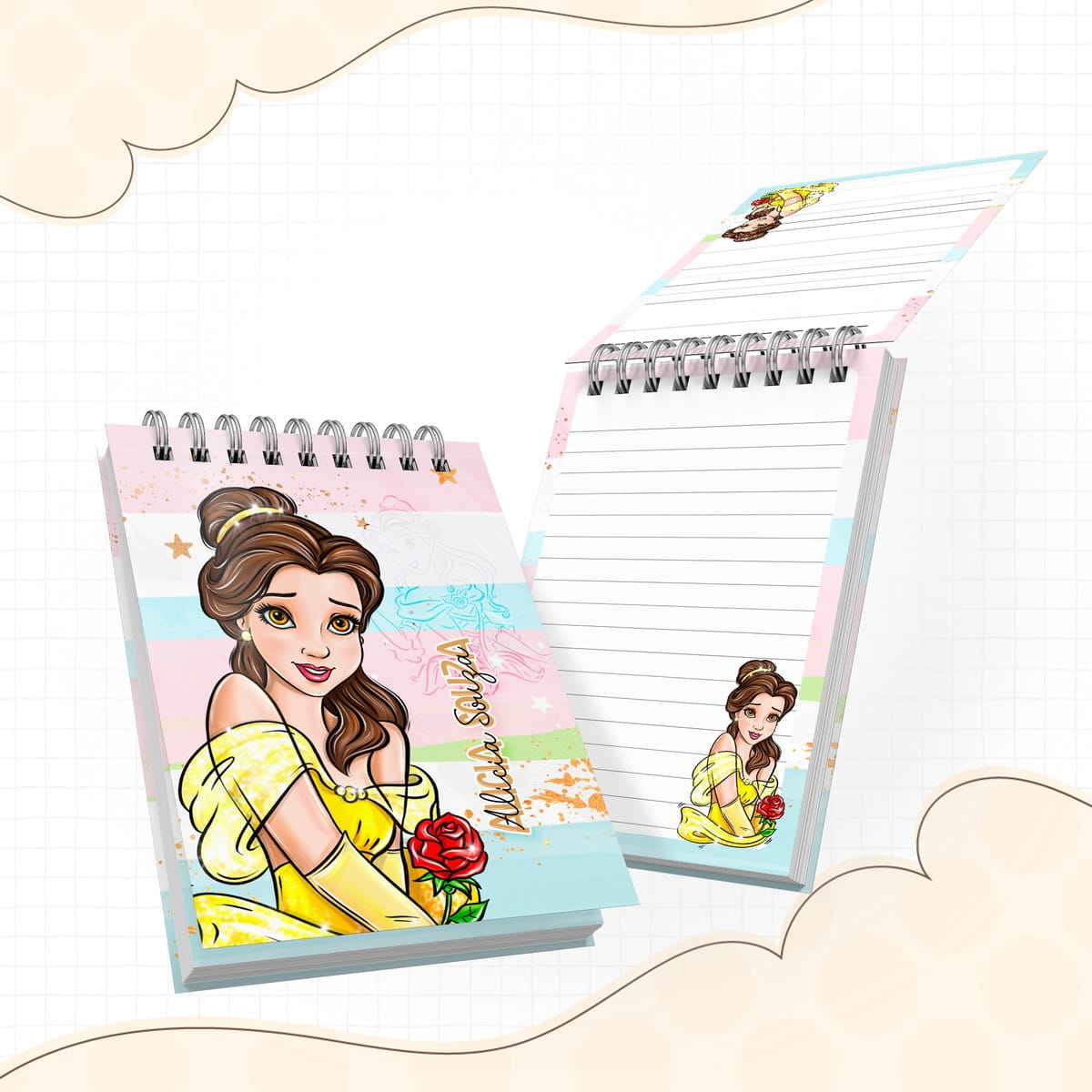 Kit Escolar Digital Bela e a Fera Arquivo Editável 4 Arte digital de capa de caderno com personagem em vestido amarelo, segurando rosa.
