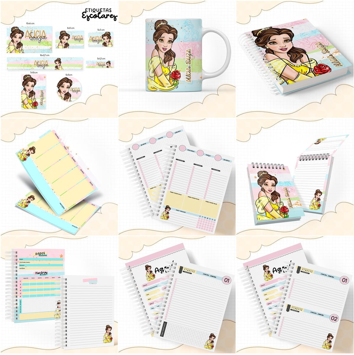 Kit Escolar Digital Bela e a Fera Arquivo Editável 1 Arte digital com personagem feminina e rosa em etiquetas, caneca, cadernos e planners.