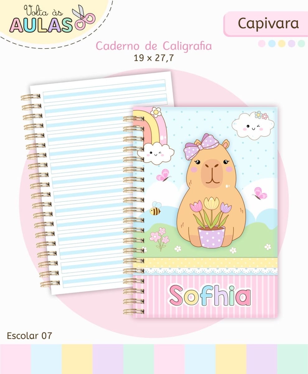 Kit Escolar Capivara Menina Arquivo Digital Fofo 3 Caderno de caligrafia com ilustração de capivara e flores na capa espiralado