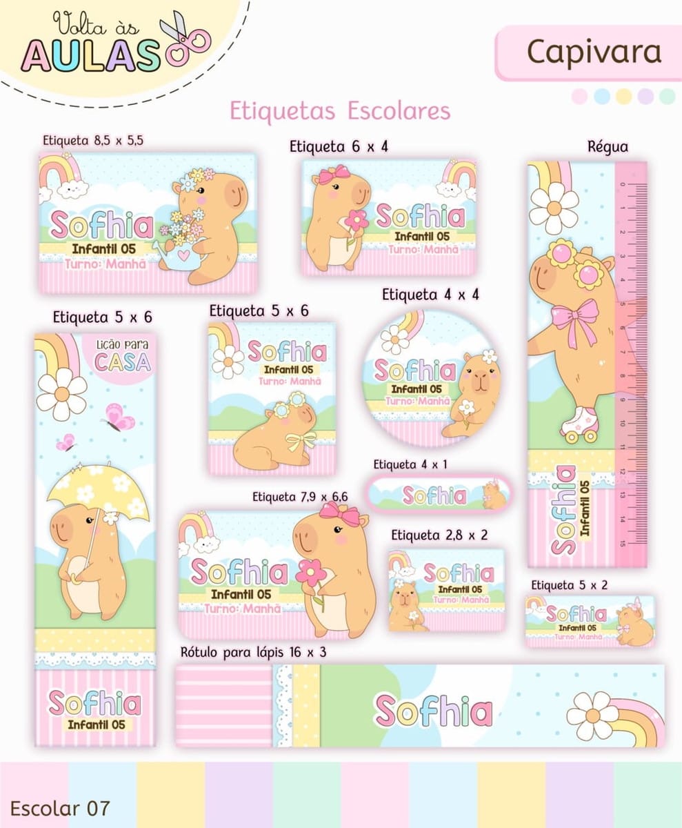 Kit Escolar Capivara Menina Arquivo Digital Fofo 4 Amostra digital de etiquetas escolares com tema de capivara e arco-íris.