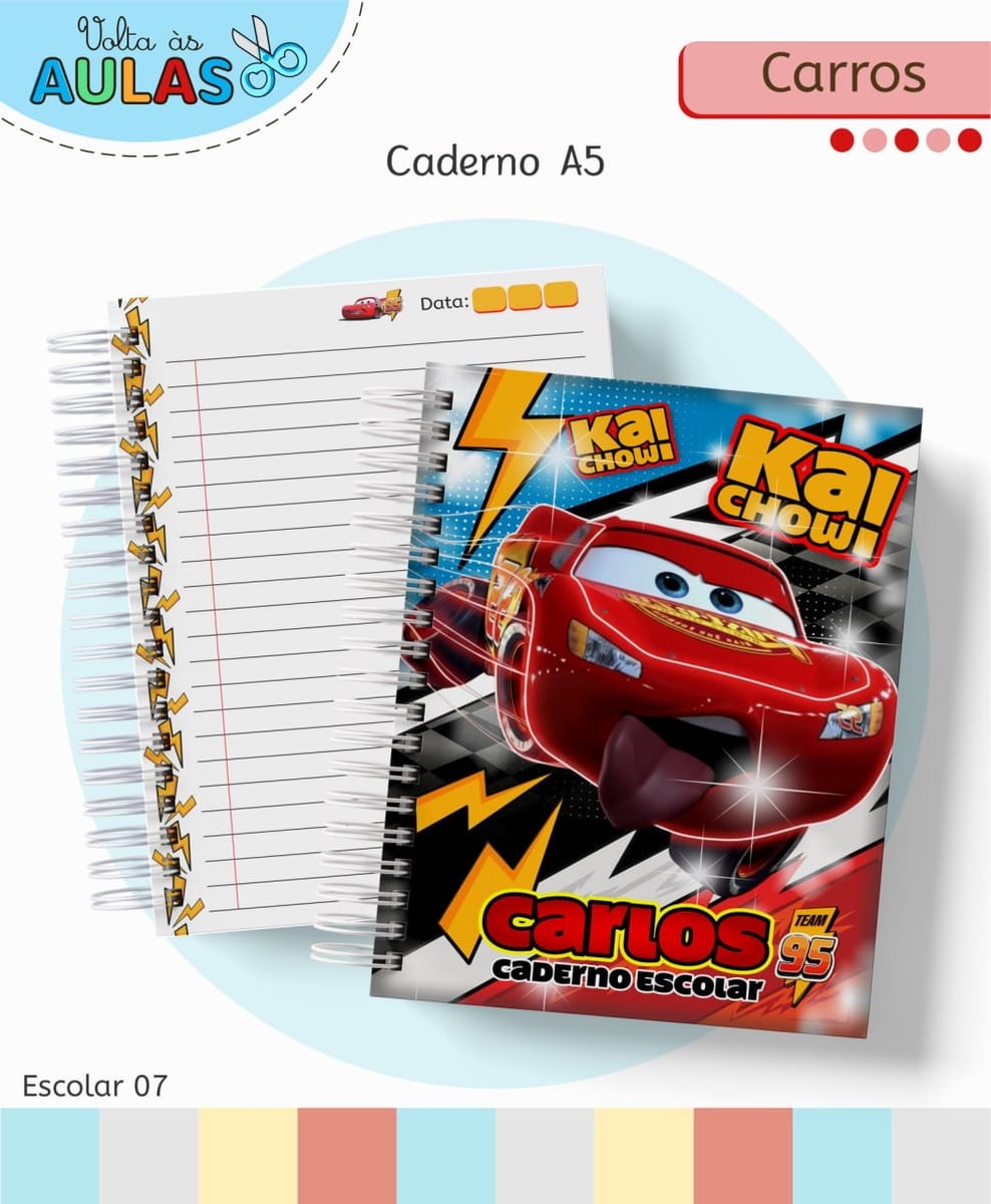 Kit Escolar Carros Arquivo Digital para Personalizar 2 Caderno escolar espiralado com estampa de carro vermelho e raios amarelos.