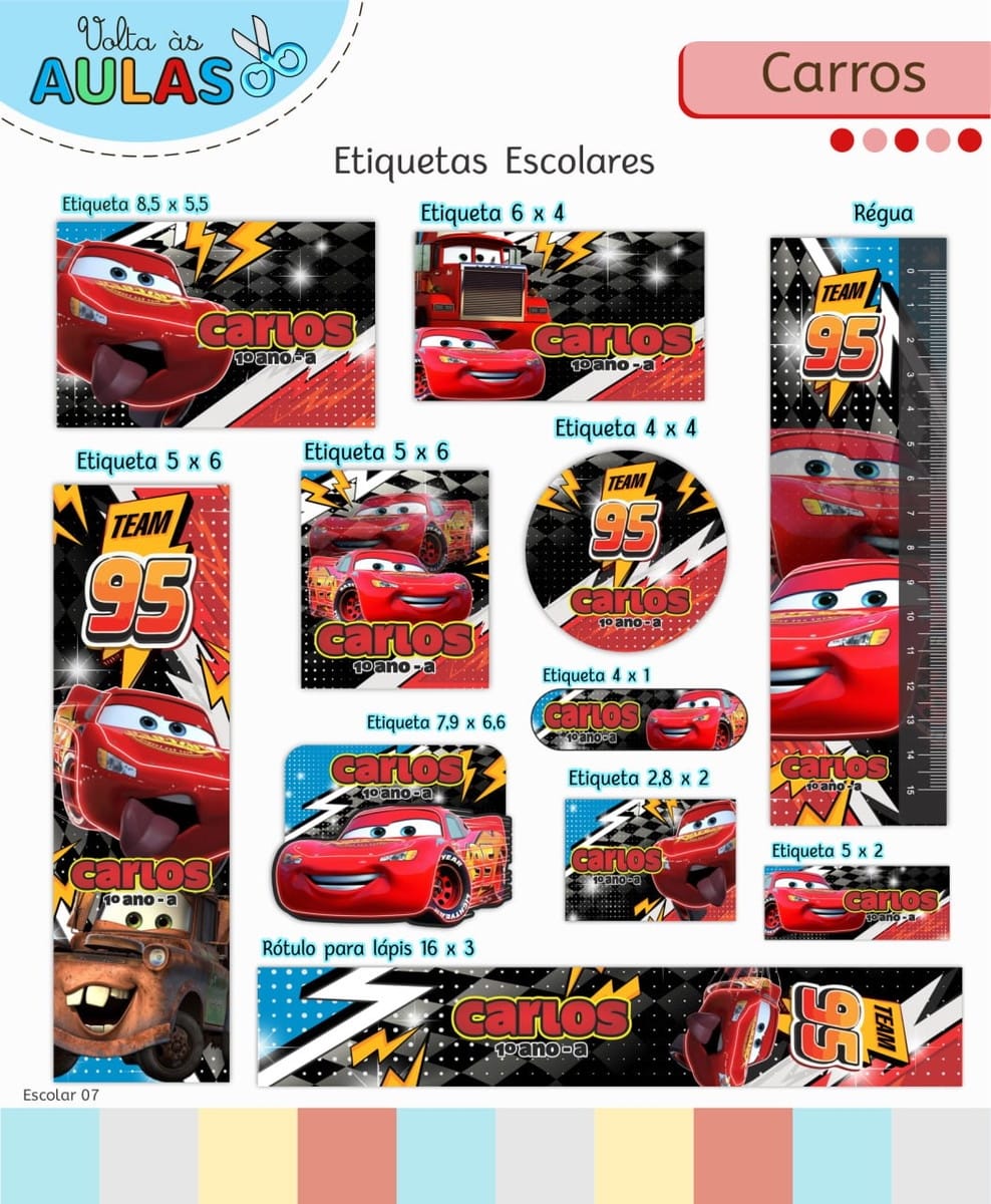 Kit Escolar Carros Arquivo Digital para Personalizar 3 Amostra de etiquetas escolares digitais com tema de carros vermelhos e medidas.