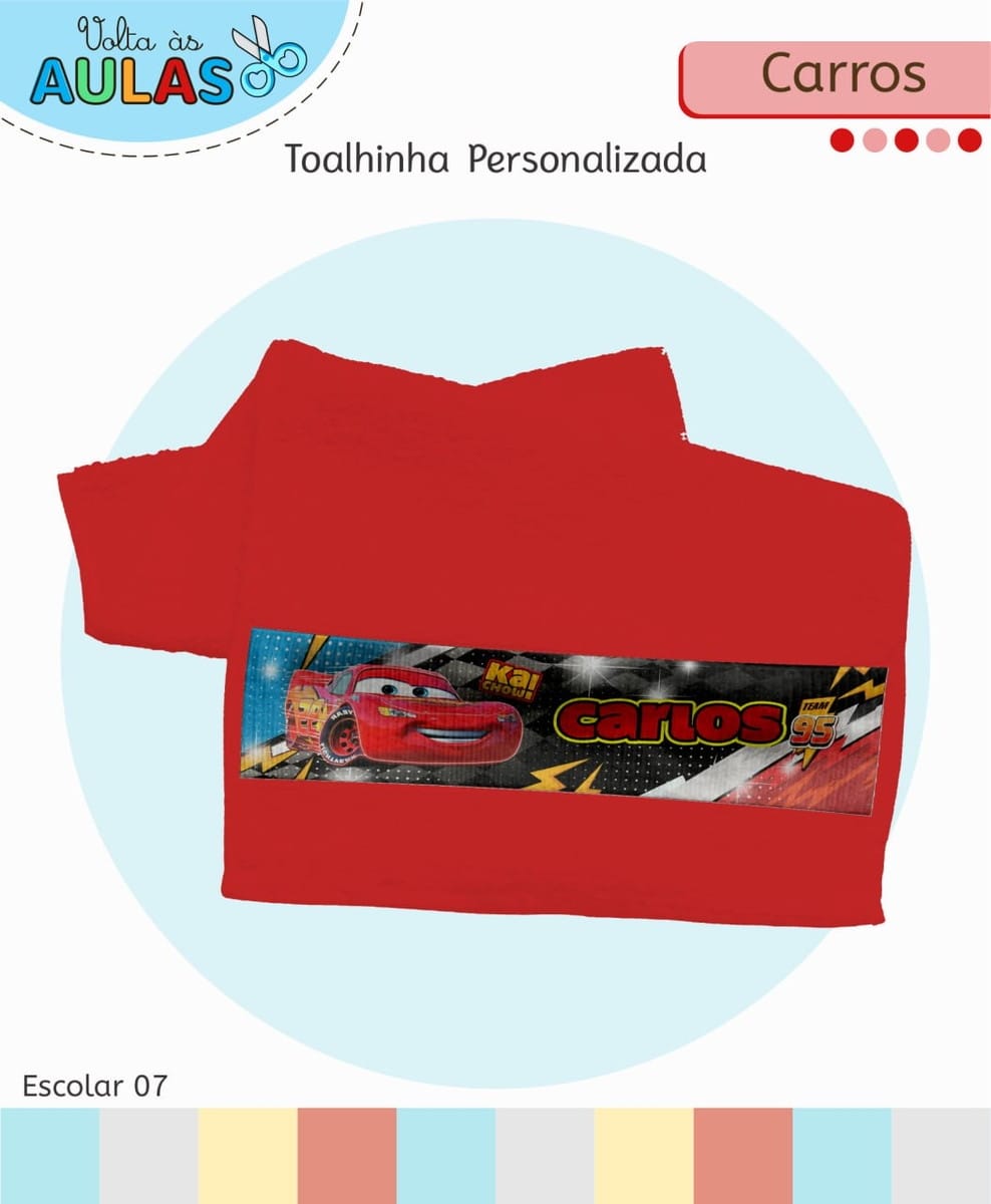 Kit Escolar Carros Arquivo Digital para Personalizar 4 Toalhinha vermelha personalizada com estampa de carro de corrida e texto preto