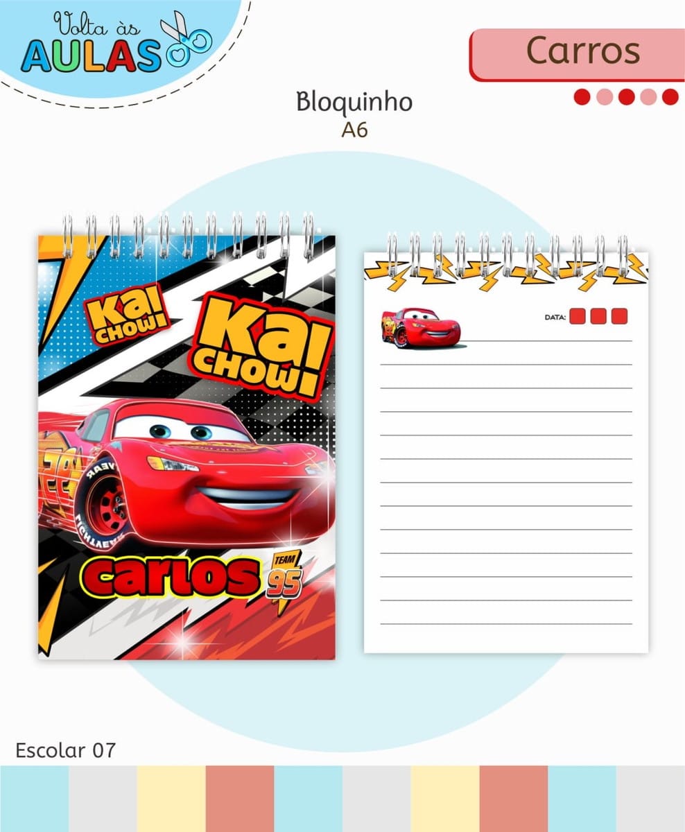 Kit Escolar Carros Arquivo Digital para Personalizar 5 Arte digital de bloquinho A6 com tema de carro de corrida vermelho.