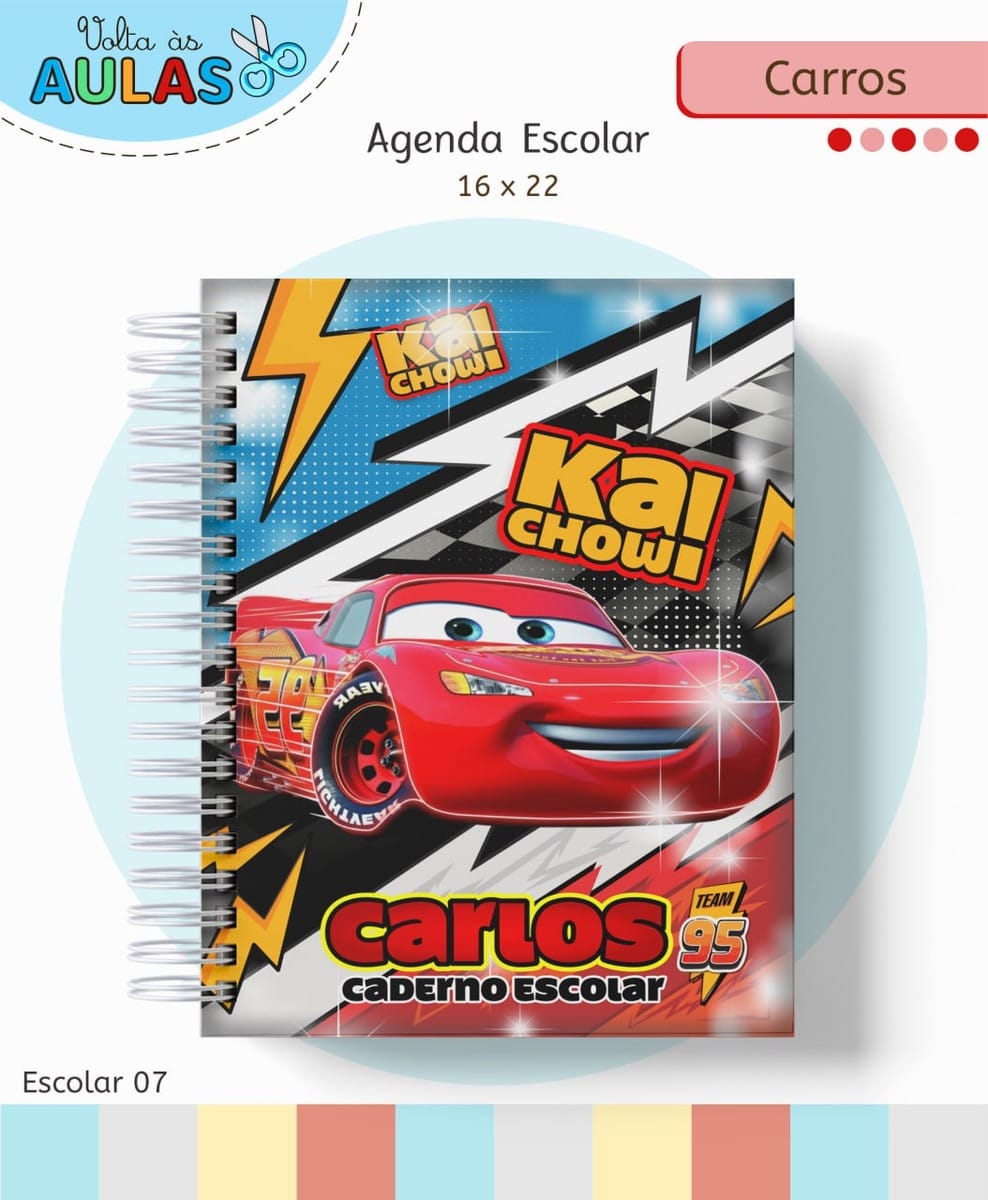 Kit Escolar Carros Arquivo Digital para Personalizar 1 Capa de caderno espiral escolar vermelha e azul com desenho animado de carro