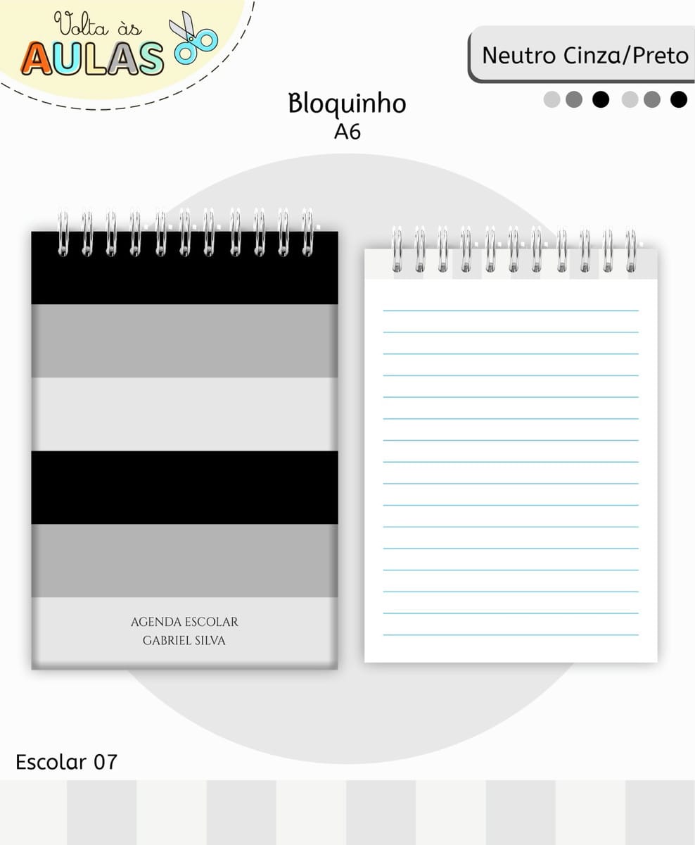 Kit Escolar Digital Cinza Preto para Sublimação 4 Dois bloquinhos de anotações tamanho A6 com capa em listras pretas e cinzas.