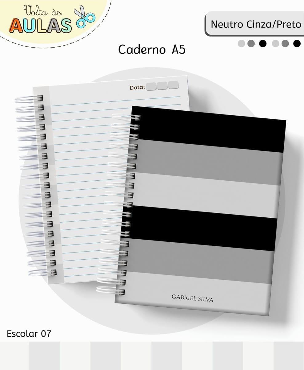 Kit Escolar Digital Cinza Preto para Sublimação 1 Caderno espiral A5 aberto e fechado com capas listradas em tons neutros