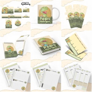 Arte digital com dinossauro para etiquetas, caneca, cadernos e planejadores escolares.