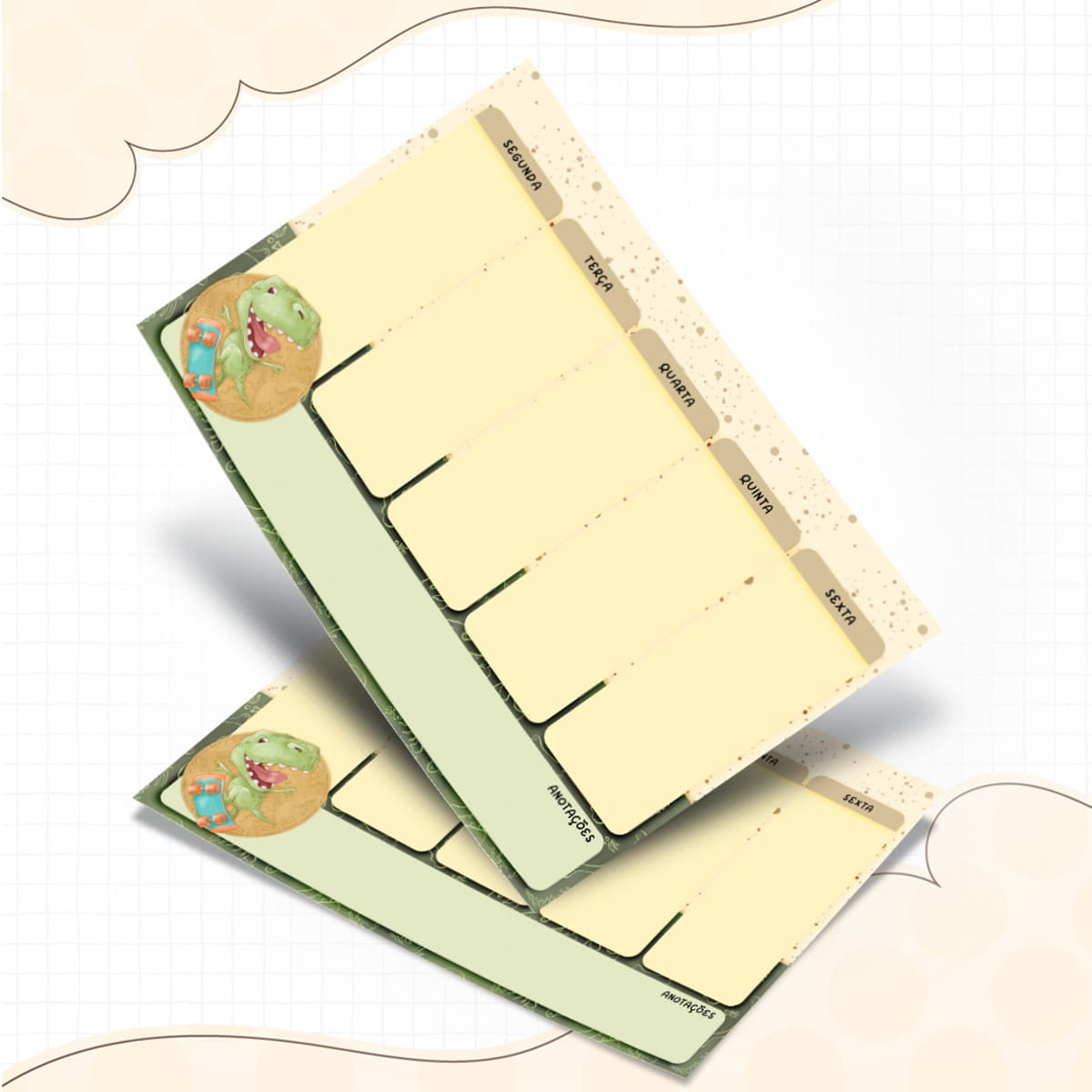 Kit Escolar Dinossauro Arquivo Digital para Imprimir 4 Planner semanal digital com tema de dinossauro, em tons de amarelo e verde.