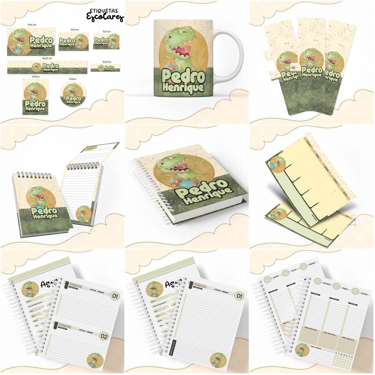 Kit Escolar Dinossauro Arquivo Digital para Imprimir 1 Arte digital com dinossauro para etiquetas, caneca, cadernos e planejadores escolares.
