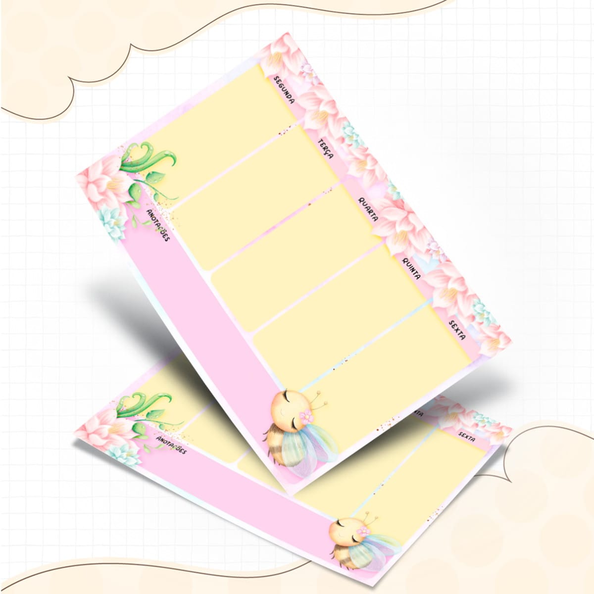 Kit Escolar Jardim Encantado Arquivo Digital 4 Arte digital de planner semanal com abelha fofa e detalhes florais.