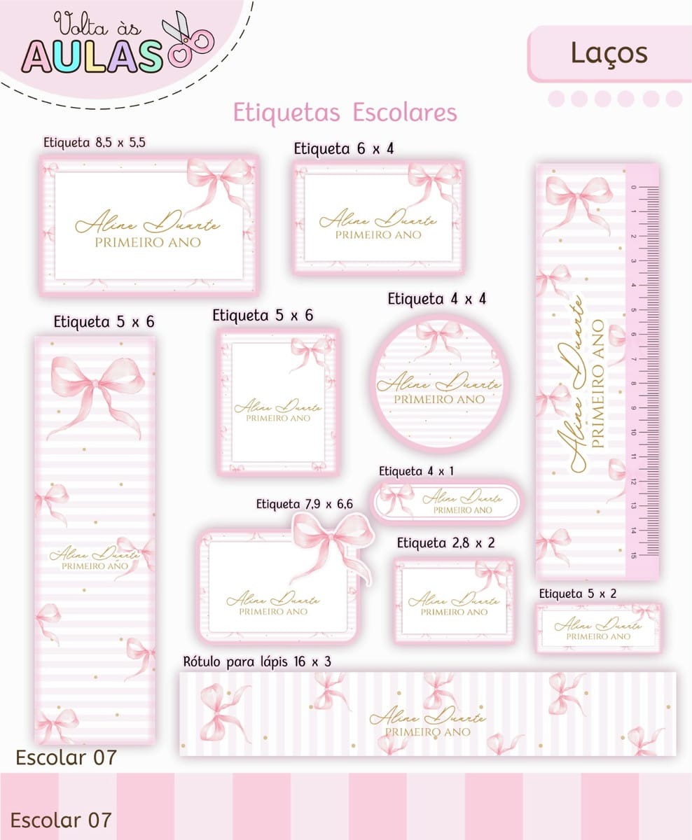 Kit Escolar Laços Digital para Imprimir e Personalizar 4 Conjunto de etiquetas escolares digitais com tema rosa decoradas com laços.
