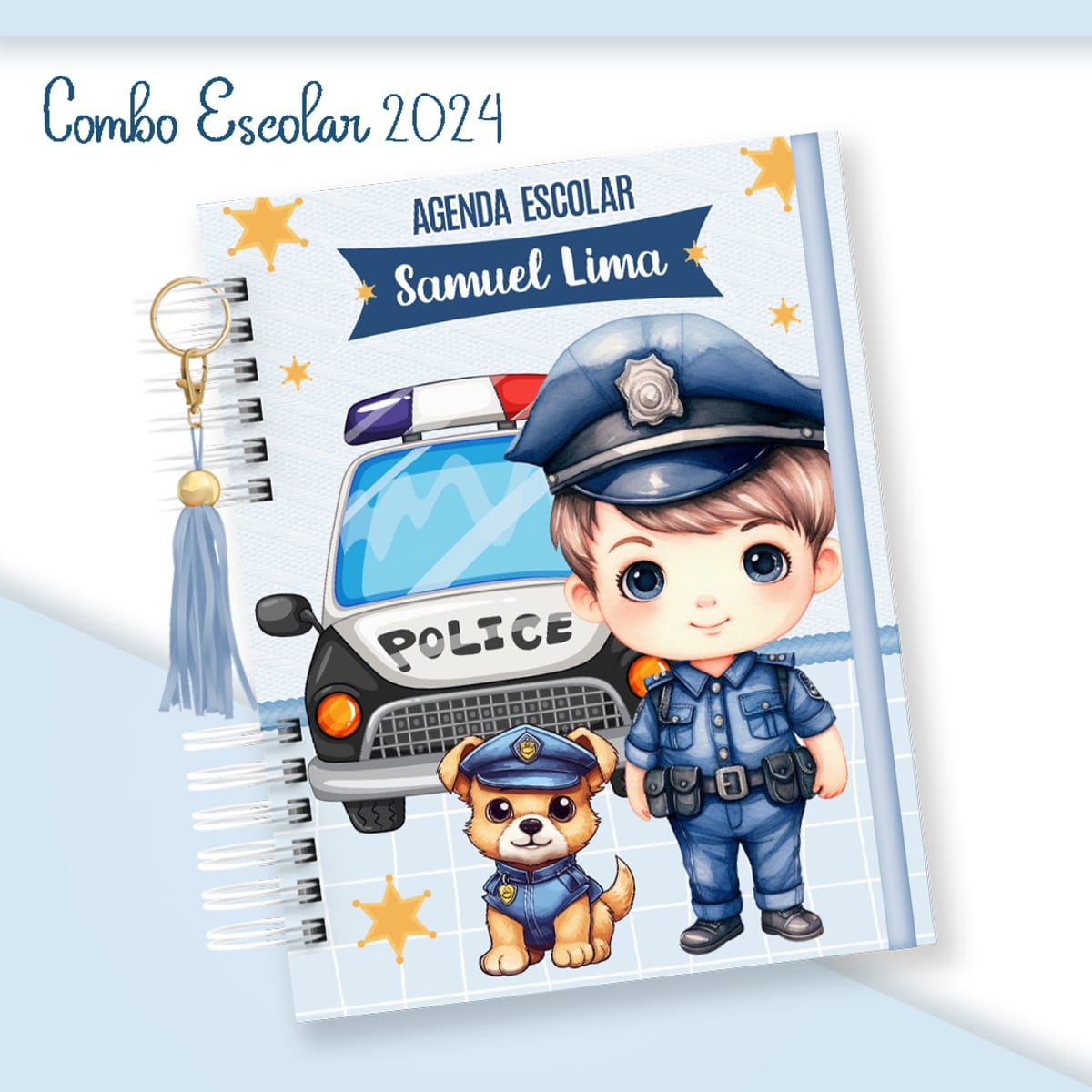 Kit Escolar Menino Policial Digital para Sublimação 1 Caderno espiral com capa personalizada de policial mirim e viatura infantil
