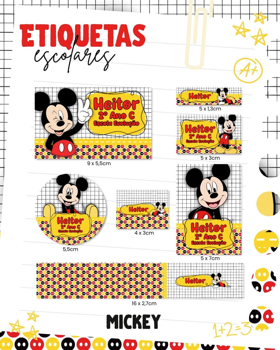 Kit Escolar Mickey Digital para Imprimir 2 Folha de adesivos escolares com tema de desenho animado clássico em vários formatos.