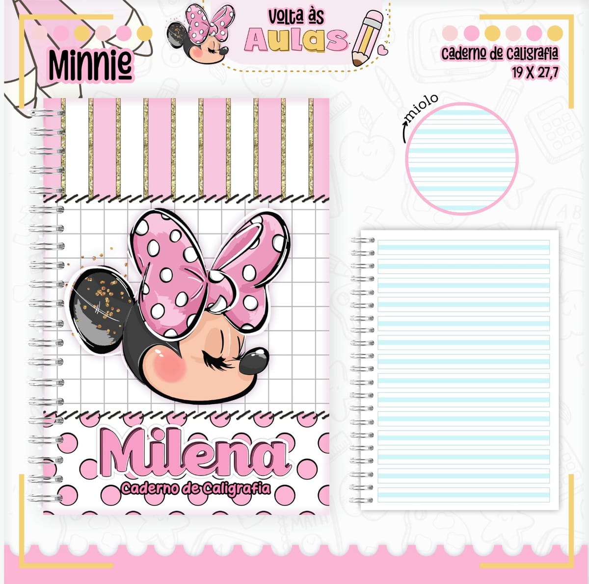 Kit Escolar Minnie Mouse Arquivo Digital para Encadernar 2 Capa de caderno rosa e branca decorada com personagem de desenho animado feminino.