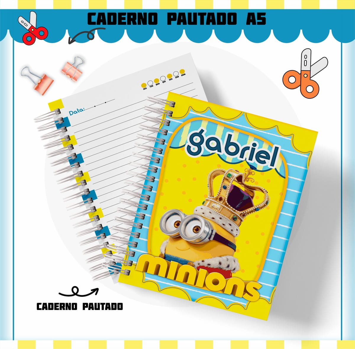 Kit Escolar Minions Personalizado Arquivo Digital 3 Arte digital de caderno pautado com personagem amarelo de coroa, páginas com data.