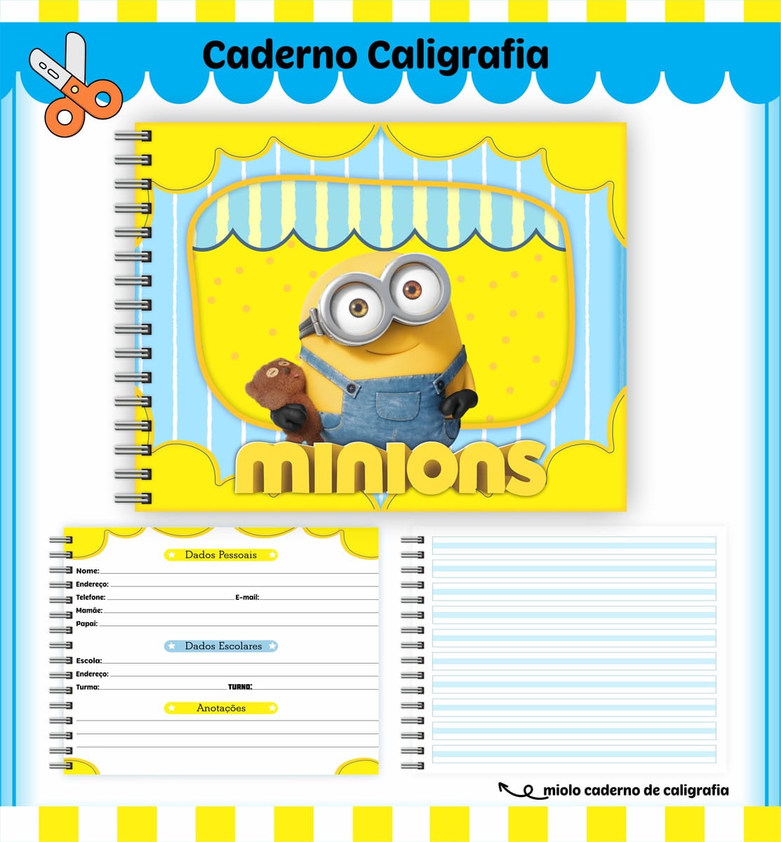 Kit Escolar Minions Personalizado Arquivo Digital 4 Arte digital de caderno de caligrafia com personagem amarelo, óculos e macacão azul.