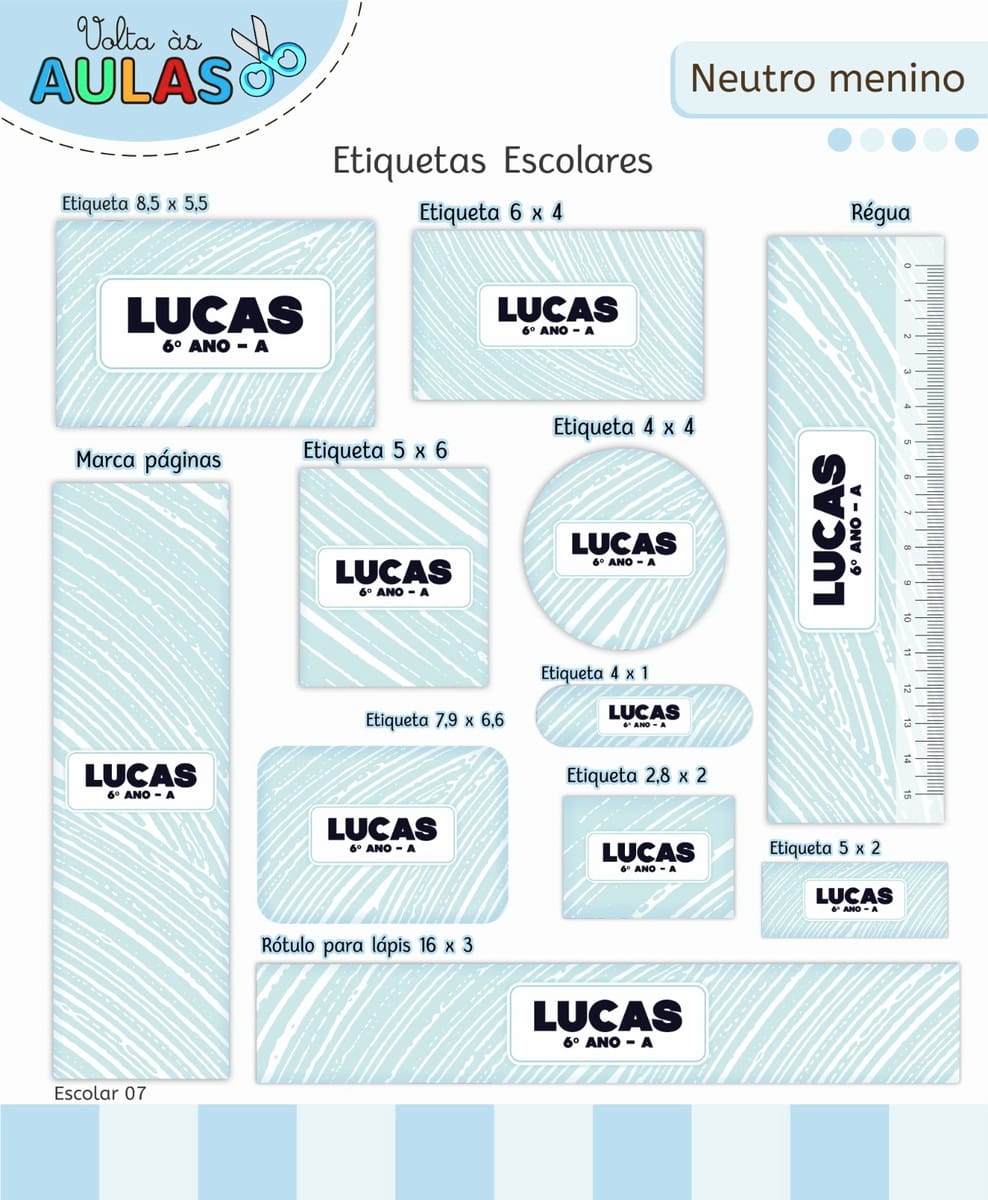 Kit Escolar Neutro Menino Arquivo Digital para Personalizar 3 Apresentação de etiquetas escolares em tons de azul com fundo texturizado e letras pretas.