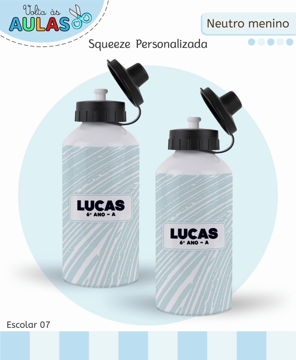 Kit Escolar Neutro Menino Arquivo Digital para Personalizar 4 Duas garrafas squeezes brancas com estampa azul clara e tampa preta.