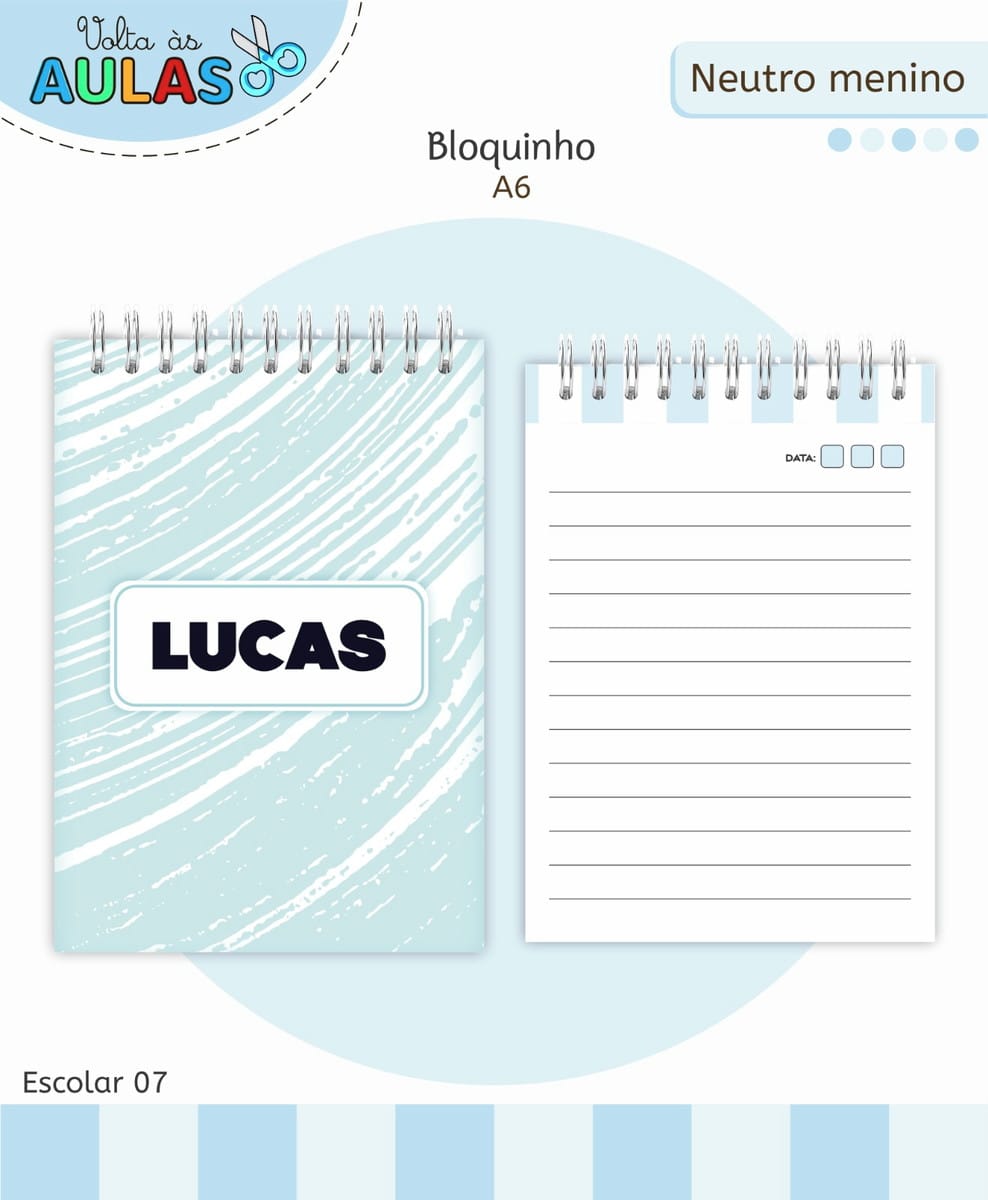 Kit Escolar Neutro Menino Arquivo Digital para Personalizar 5 Apresentação digital de um bloquinho espiral com capa azul e folhas pautadas.