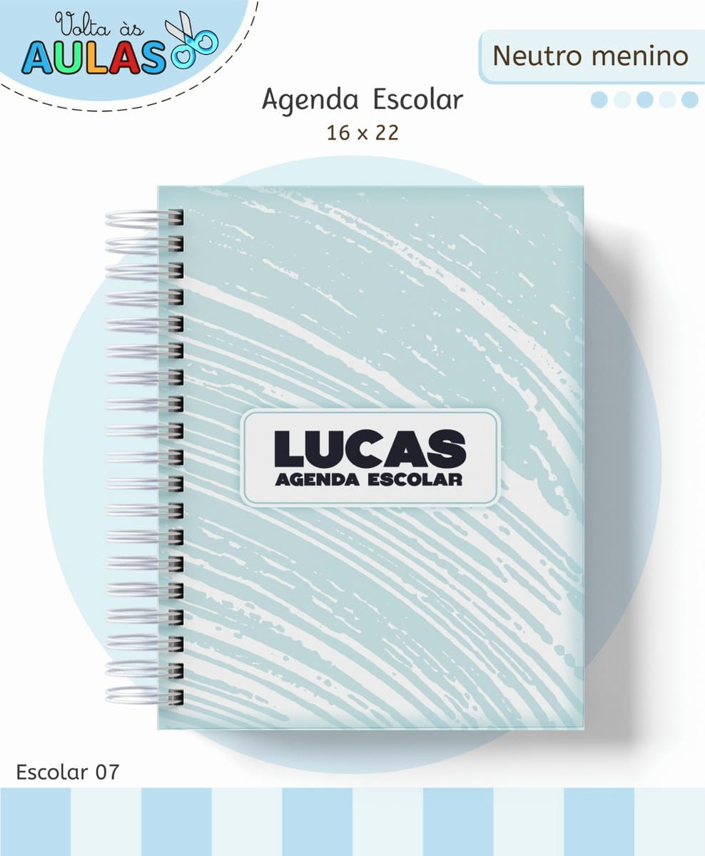 Kit Escolar Neutro Menino Arquivo Digital para Personalizar 1 Capa de agenda escolar em tons de azul com espiral branca e texto central.