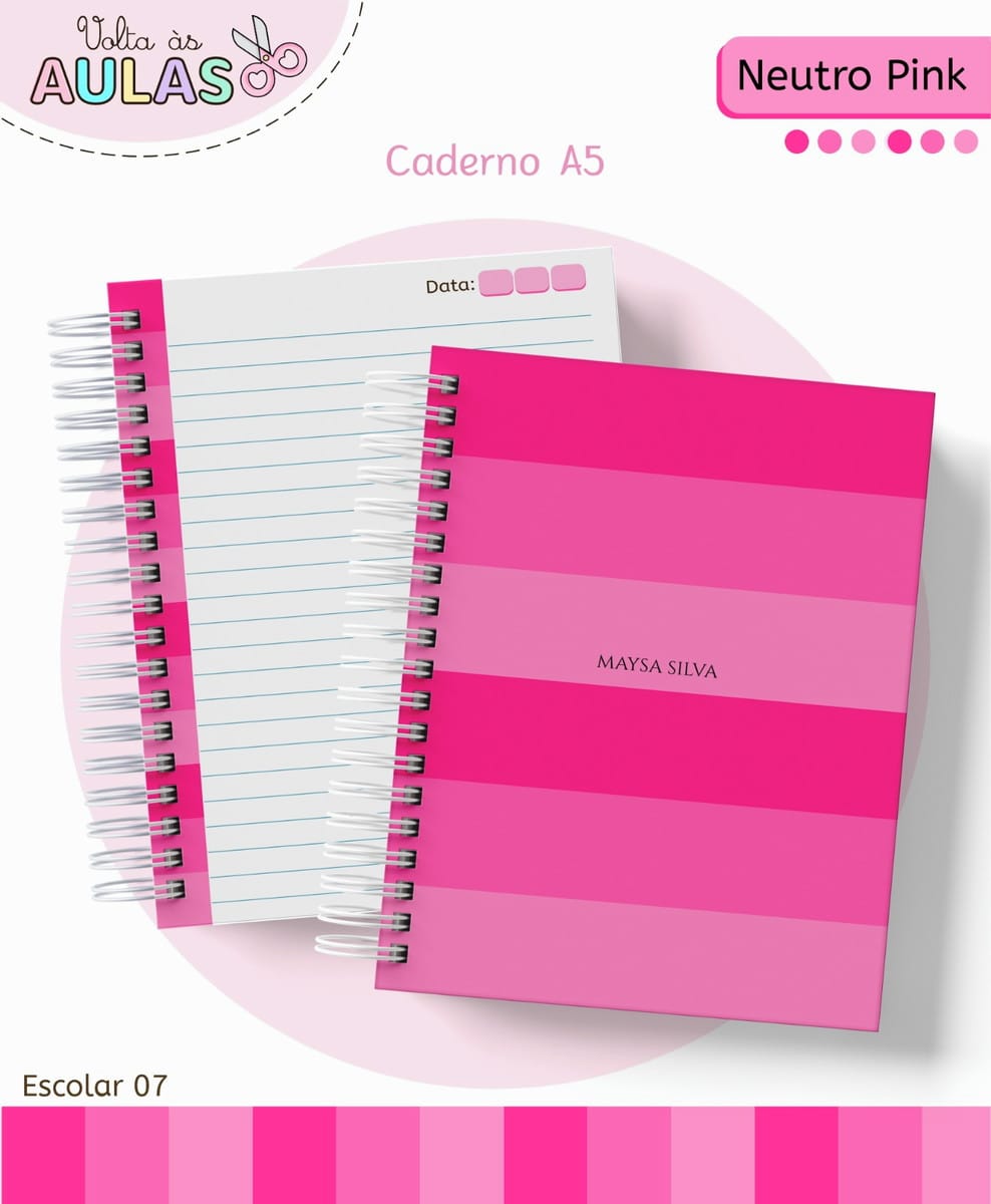 Kit Escolar Neutro Pink Digital para Personalizar 2 Dois cadernos espiralados com capas listradas em tons de rosa.