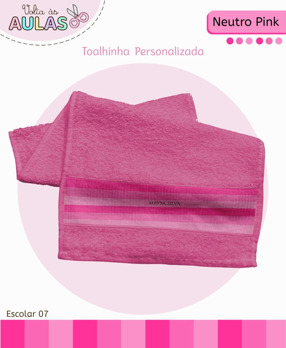 Kit Escolar Neutro Pink Digital para Personalizar 5 Toalhinha rosa personalizada com faixa listrada e texto sobre fundo claro