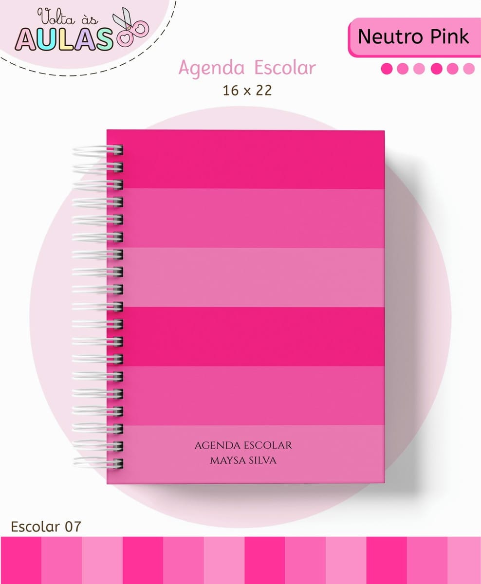 Kit Escolar Neutro Pink Digital para Personalizar 1 Capa de agenda escolar com listras em tons de rosa e espiral branca.
