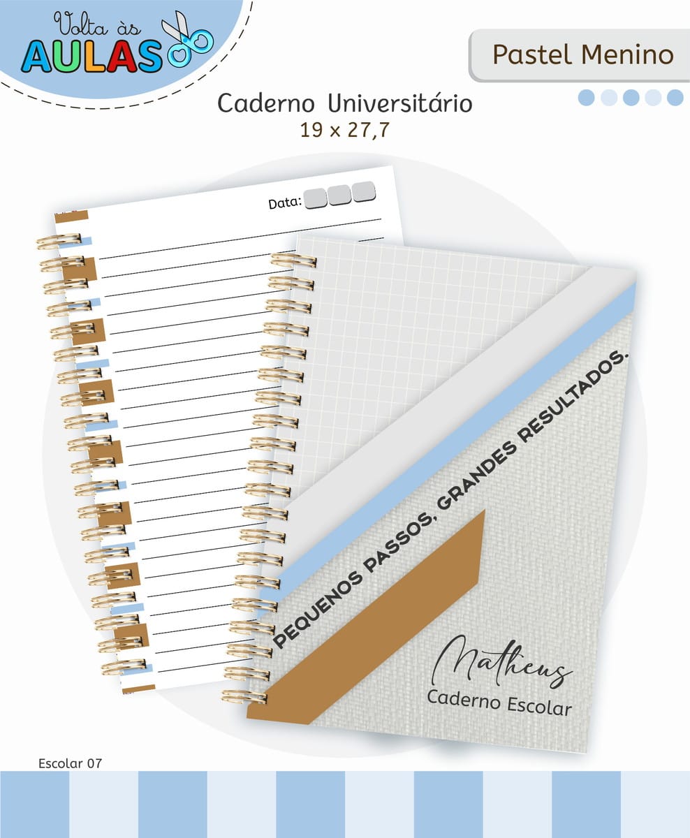 Kit Escolar Pastel Masculino Digital para Personalizar 2 Dois cadernos universitários espiralados exibem páginas pautadas e quadriculadas com textos e frases.